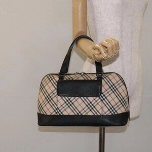 BURBERRY Nova Check Hand Bag Canvas Leather Beige Silver Auth 128137